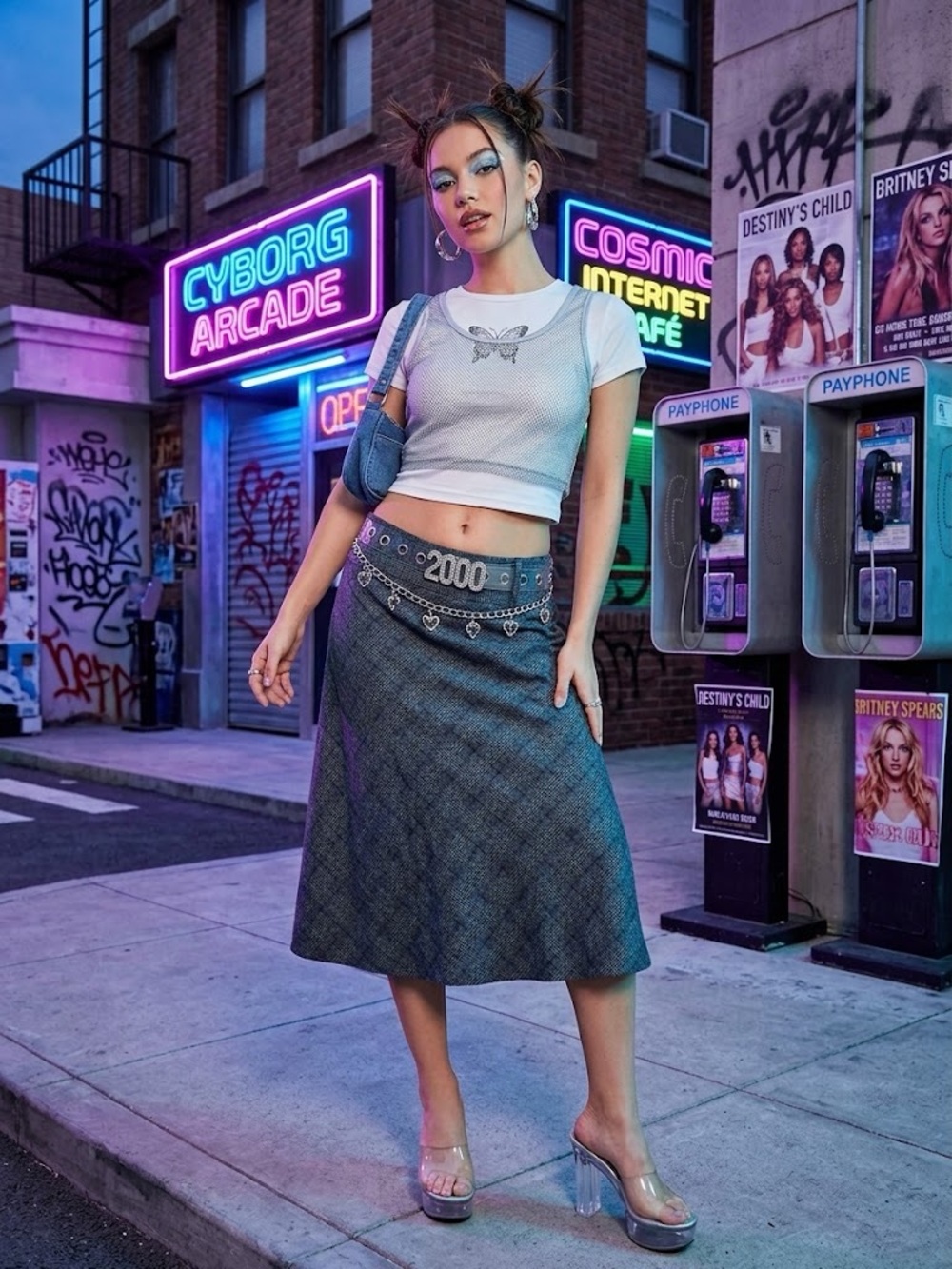 Fashion Bug Y2K Gray Plaid A-Line Midi Skirt with Ruffles